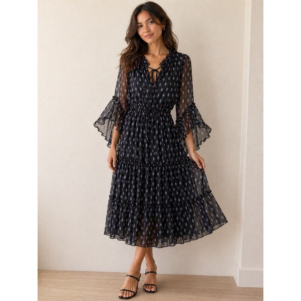 MISA Los Angeles Black Patterned Ruffle Dress - Size XS (Oversized will fit M)